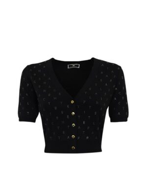 Elisabetta Franchi Cardigan cropped in viscosa con lettering in strass