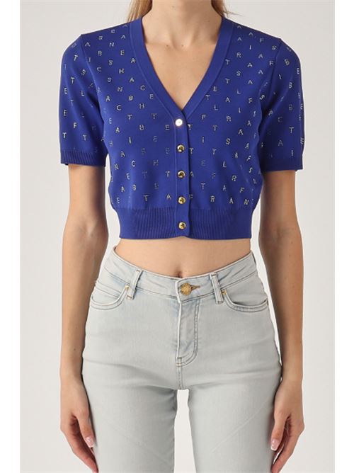 Elisabetta Franchi Cardigan cropped in viscosa con lettering in strass